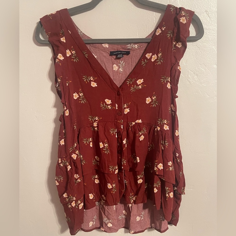 American eagle button down shirt babydoll shirt size small floral burgundy